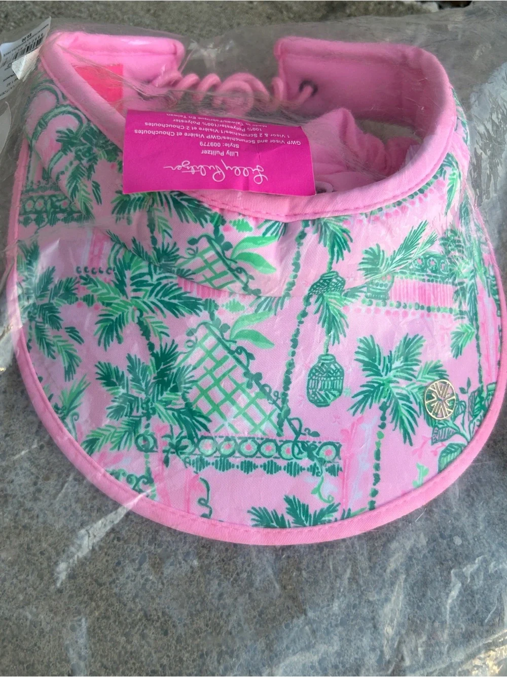 Lilly Pulitzer Pink and Green Palm-Print Visor with Matching Scrunchies Golf